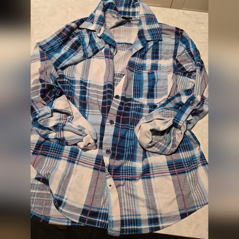 Rue21 Blue and White Plaid Flannel Shirt 90s Retro Womens XL